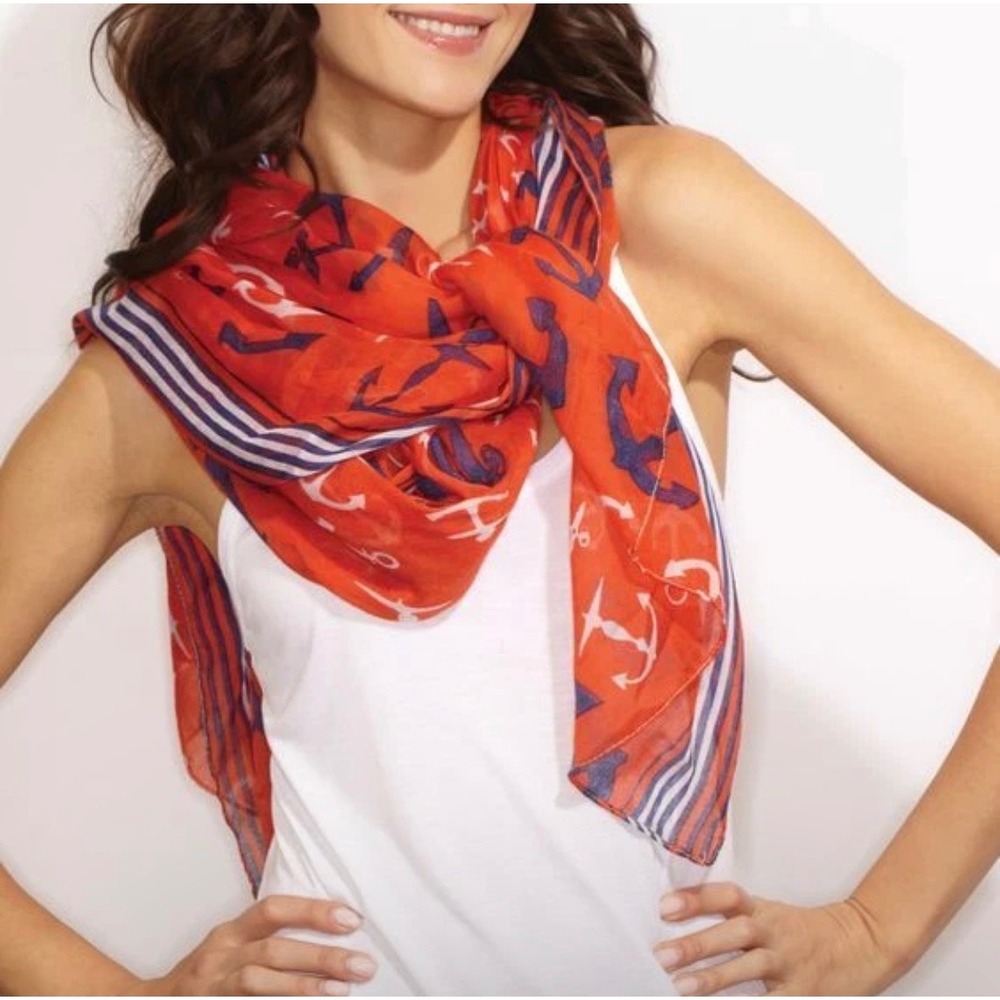 (S) 2 Chic Nautical Anchor Scarf Red Navy Blue White Striped Coastal Maritime